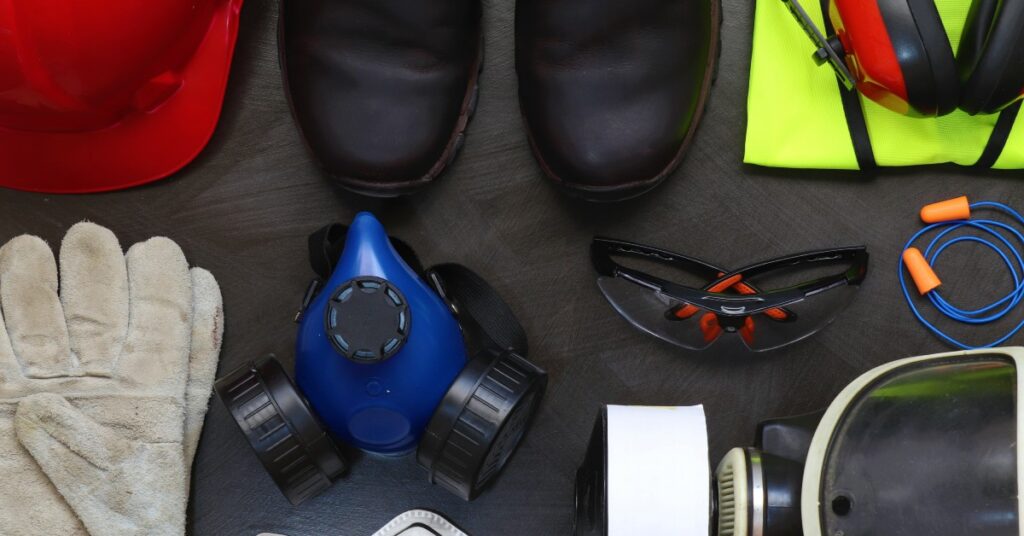 Layout of personal protective equipment to handle solvents. It includes gloves, a respirator, eye protection, and more.