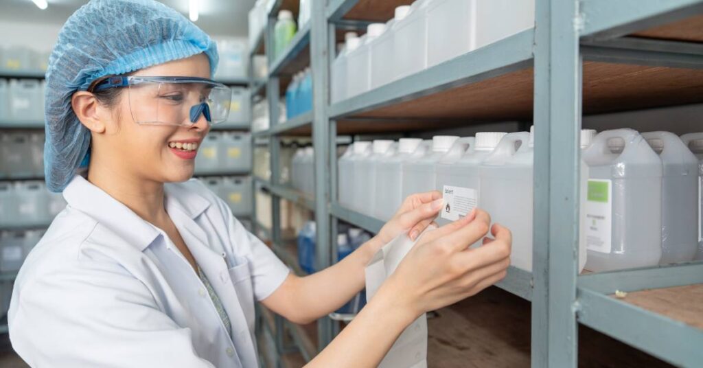 A woman scientist in a chemical storage room labels a solvent bottle. The solvent has been recycled and is ready for reuse.