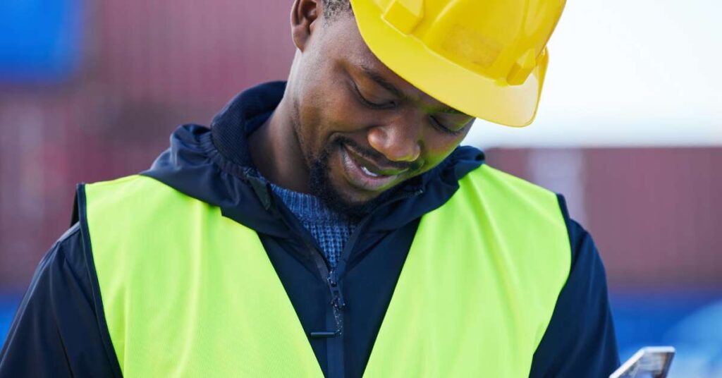 A Black man wearing a hard hat and safety vest is writing on a clipboard. He’s checking off a checklist and smiling.