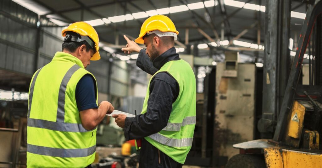 Two workers are in a warehouse. One is pointing to something in the facility and the other is pointing to a paper.