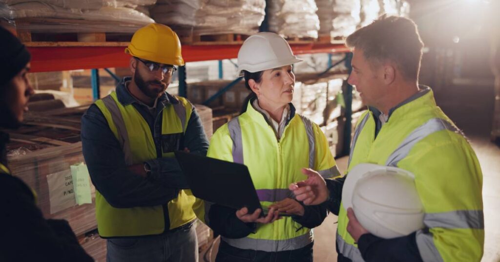 Three workers wear protective gear in a manufacturing facility. One worker has a computer and talks to another worker.