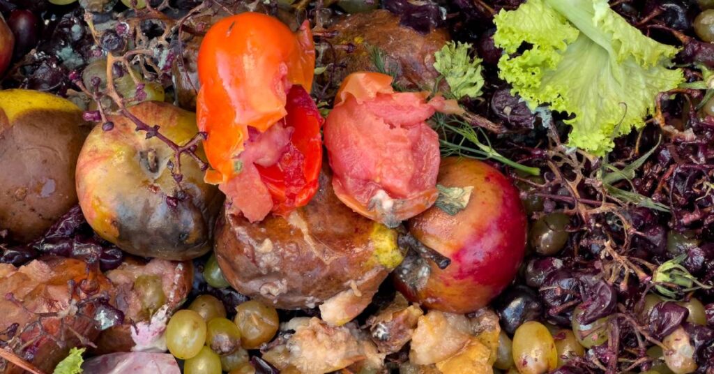 A pile of fruit and vegetable waste. The pile includes rotting apples, tomatoes, grapes, and green vegetables.