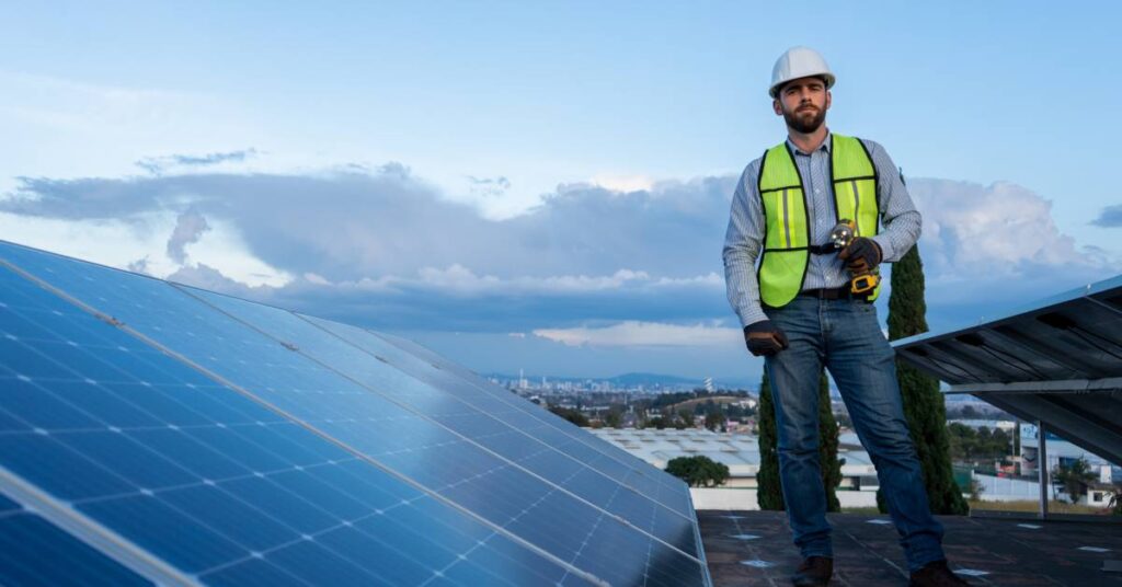 A man stands between solar panels on top of a building. He wears protective gear and holds a power tool.