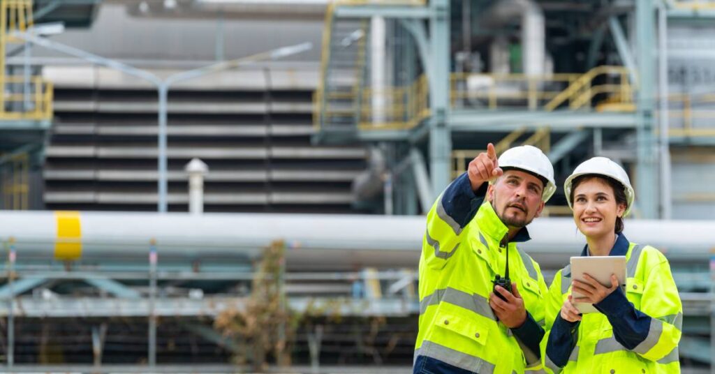 Two workers in a manufacturing plant wear protective gear. One worker holds a tablet, and the other points to something.