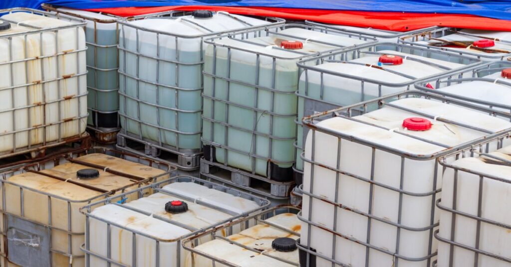 Square plastic chemical containers in metal cages with red caps stacked outdoors under a blue and red protective tarp.