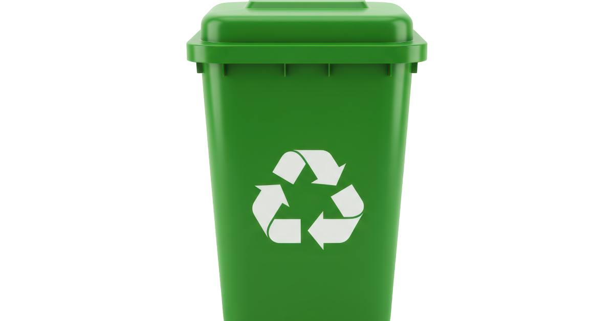 A single green recycling bin sits on a white background. A white recycling symbol appears on the front of the bin.