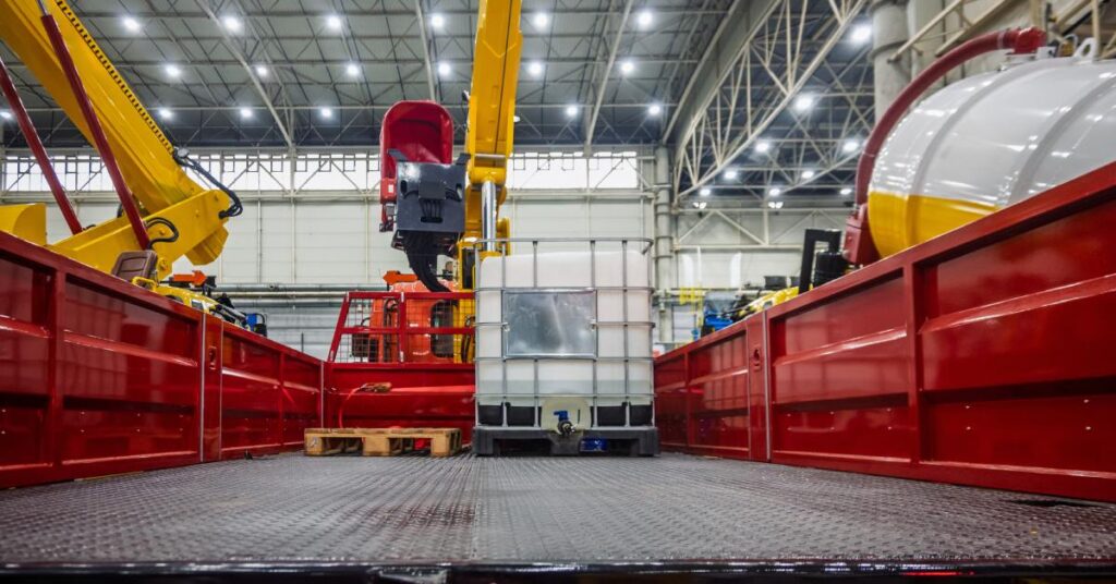 A yellow robotic arm is placing a white, plastic industrial bulk container on the bed of a red truck.
