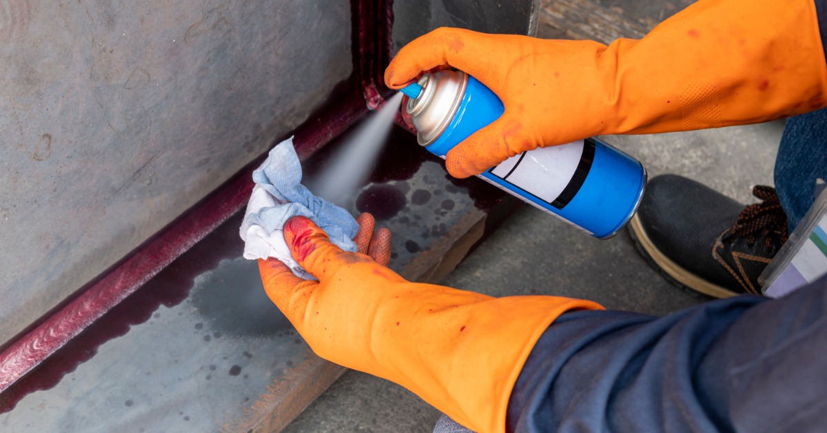 A close-up view shows a person wearing orange protective gloves is using a blue can to spray a liquid onto a white rag.