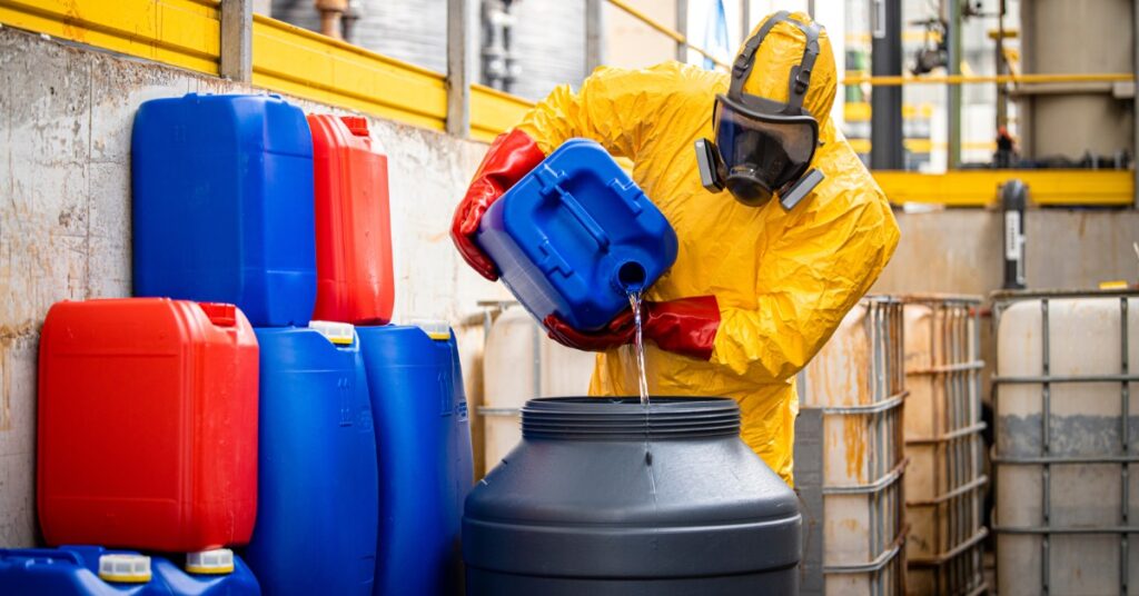 A person wearing a yellow protective suit and face mask is dumping a liquid from a plastic container into a plastic barrel.