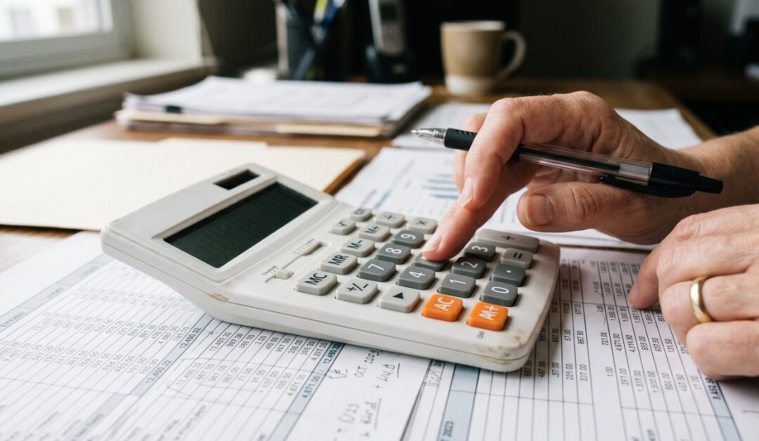 A person is pressing the buttons on a white calculator while holding a pen. The calculator sits on paperwork.